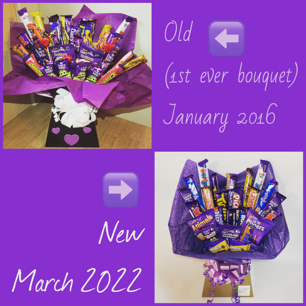 Comparison of the first Cadbury chocolate bouquet from January 2016 with a revamped on from March 2022