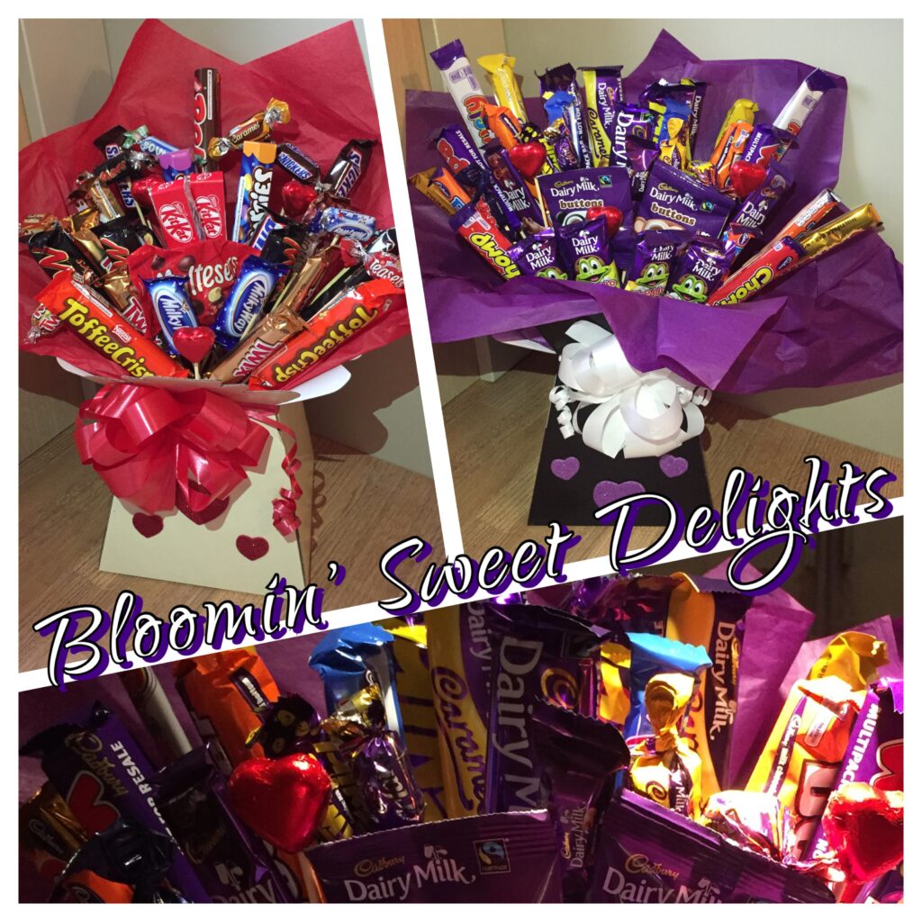 First sweet bouquets made in January 2016. One is of Cadbury chocolate. The other is of Nestle and Mars chocolate. With the business name displayed across the picture