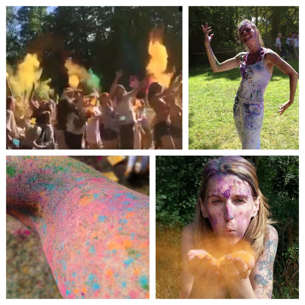 Holi Festival images from Milton Keynes 2015 showing colour powder throwing, people covered in colour powder