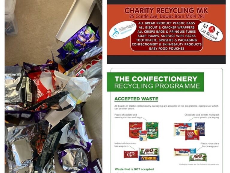 Collage of images of confectionery wrapping/packaging and details of the Charity Recycling MK recycling programme (Images on top & bottom right credit to Charity Recycling MK)
