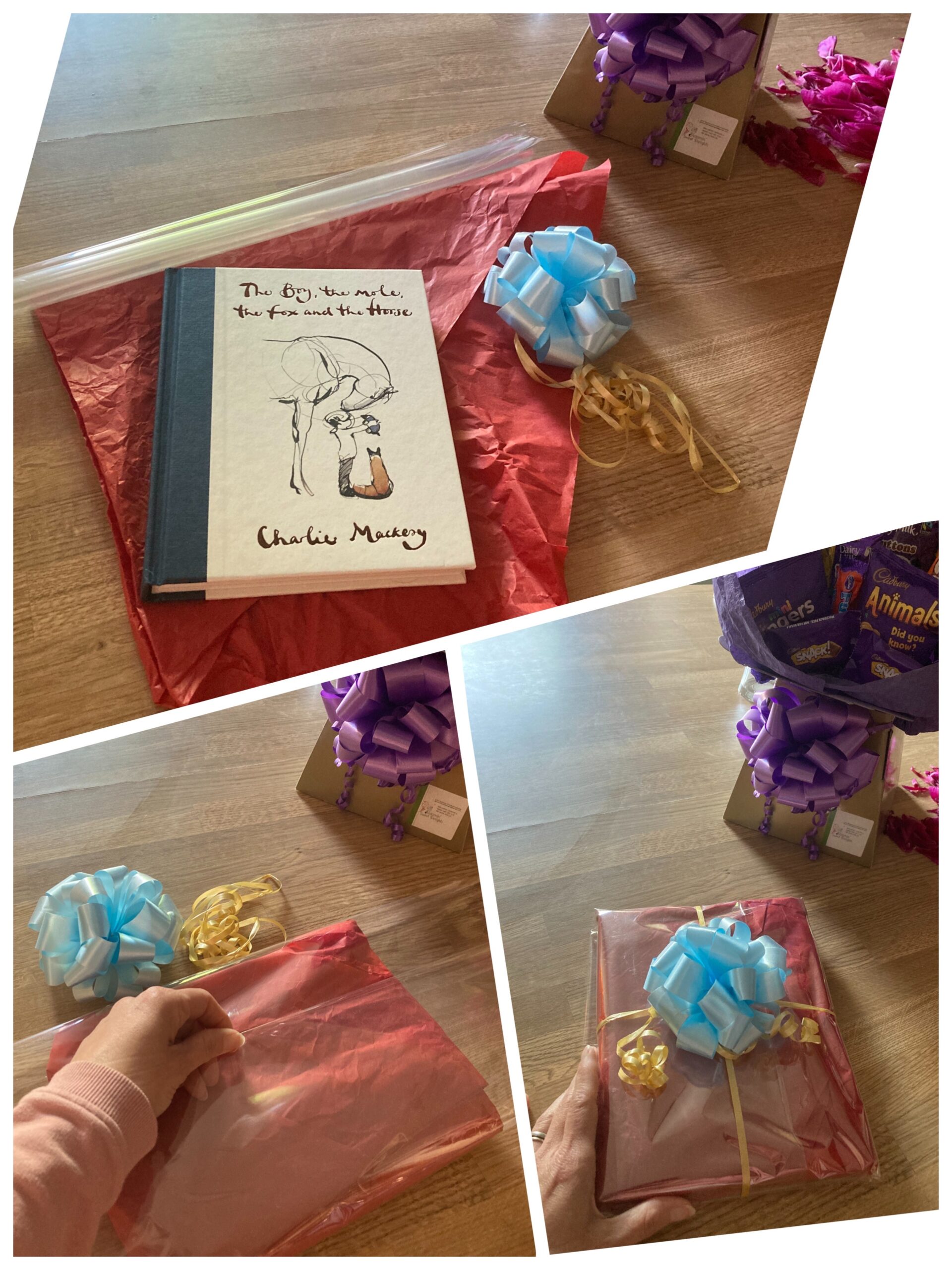 Collage of images of gift wrapping a book using tissue paper, cellophane and polypropylene handmade bow