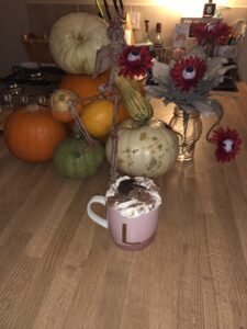 Pumpkins, Eyeball Flowers Decorations & Hot Chocolate